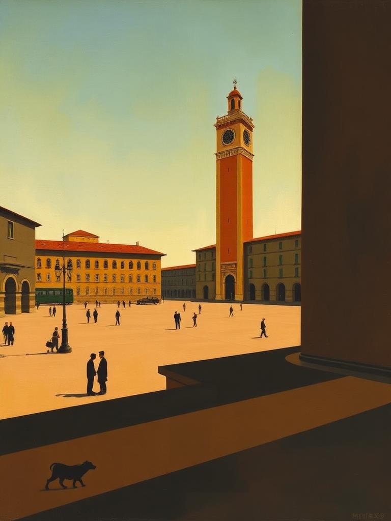 Piazza con torre e treno