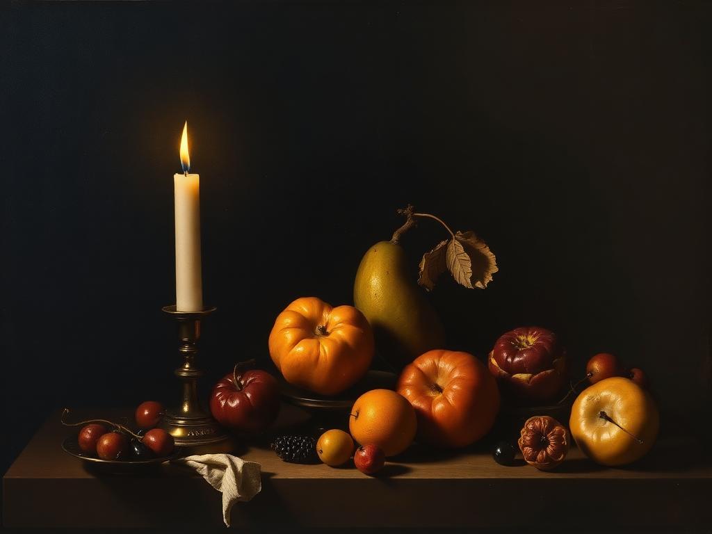 Natura morta con frutti e candela